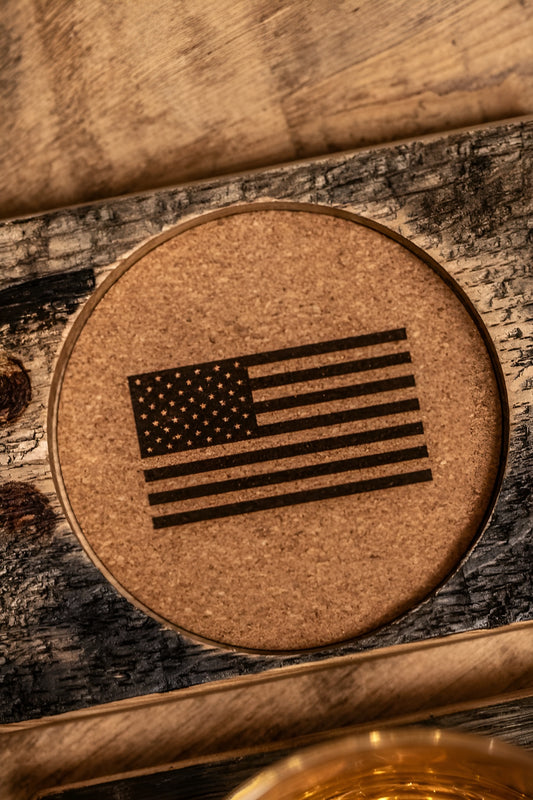 Flags of Valor bourbon barrel cork coaster with American flag design