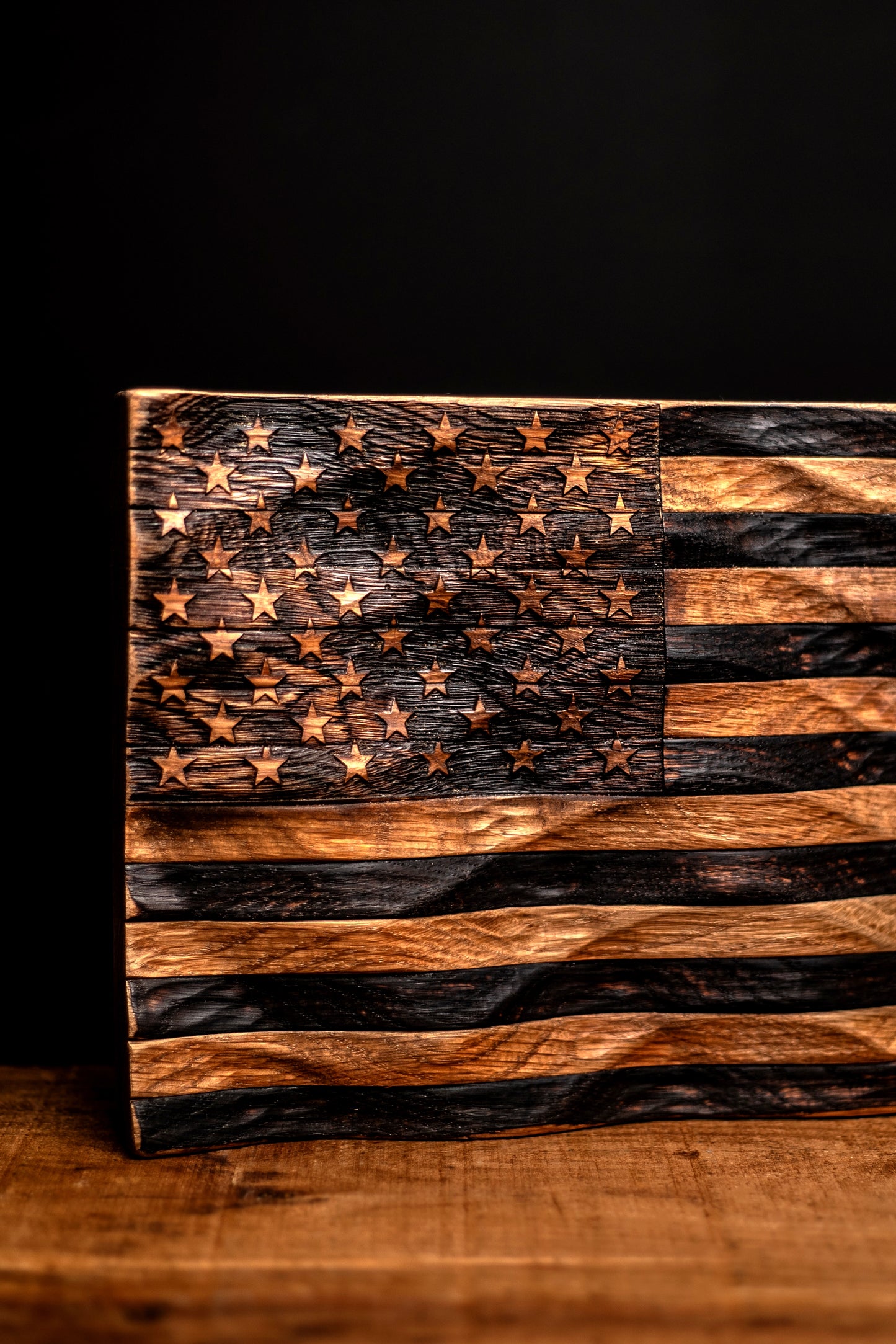 Flags of Valor bourbon barrel wooden American flag with star and stripe pattern