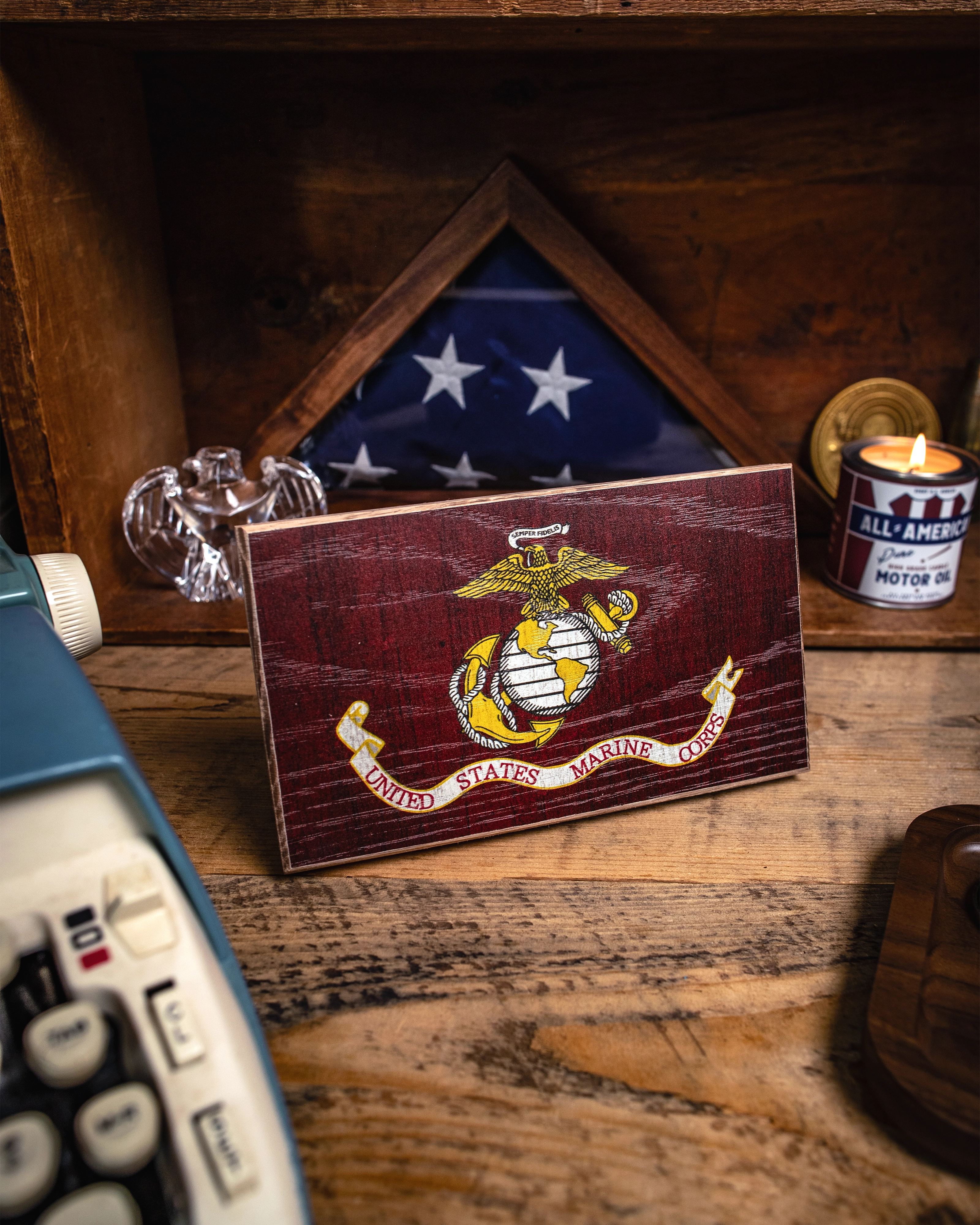 Service Branch Desk Flag featuring United States Marine Corps insignia with a flag in the background.