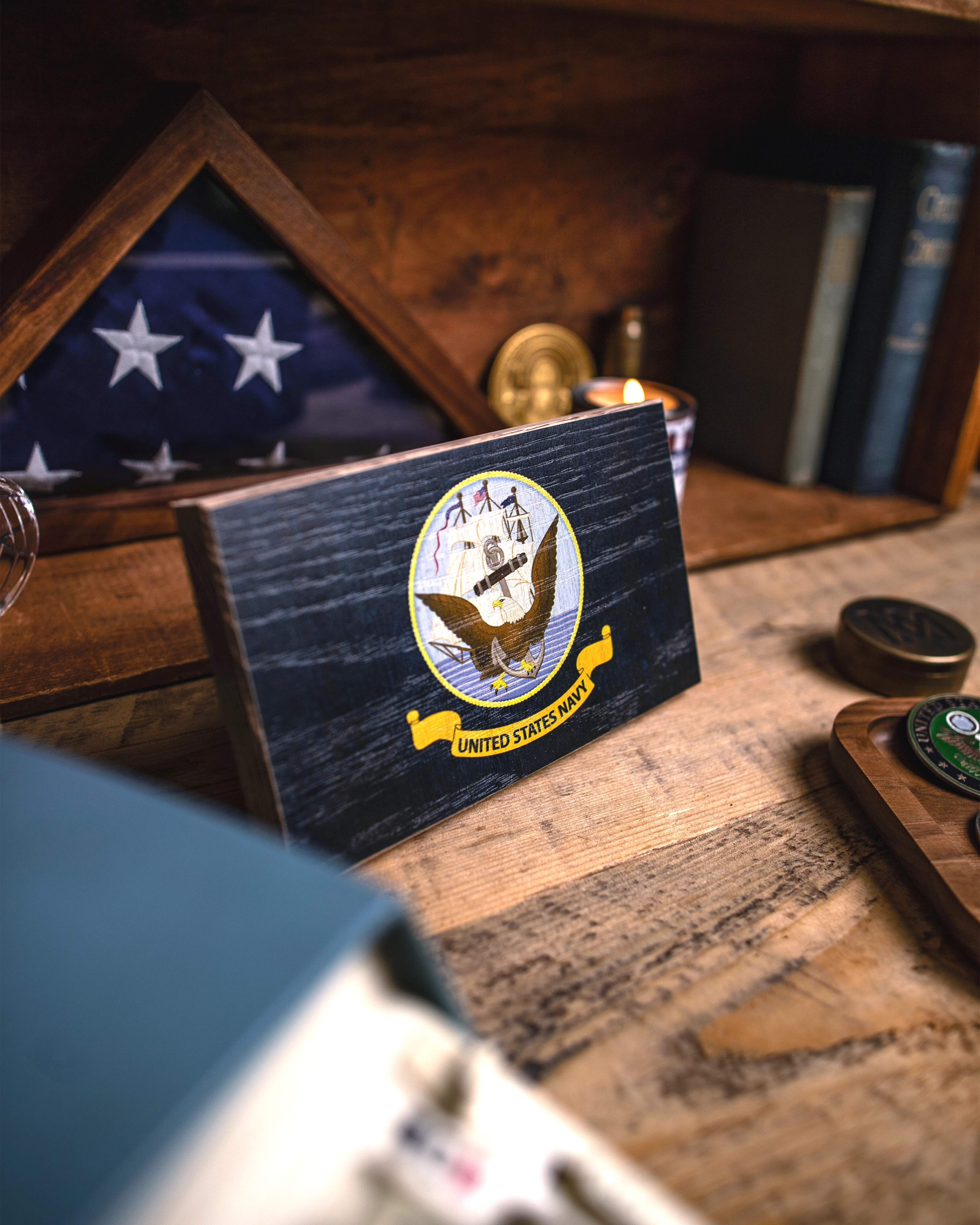 Service Branch Desk Flag featuring United States Navy insignia with a flag in the background.