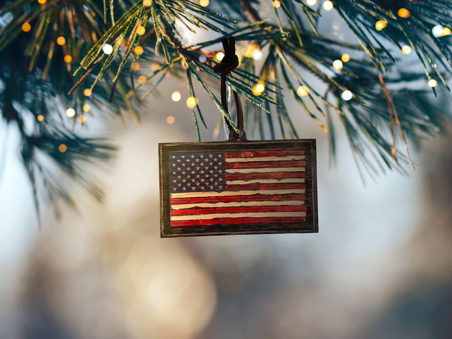 Wooden American Flag Christmas Ornament