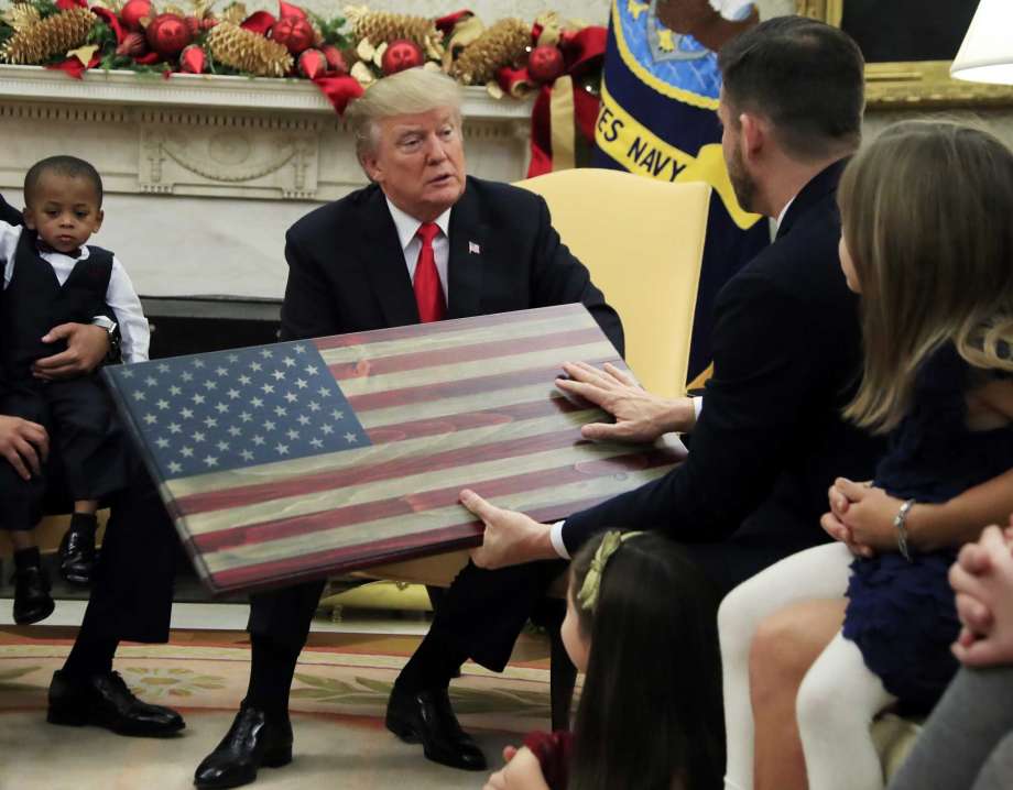 President Trump presented with Wooden American Flag by Brian at Flags of Valor