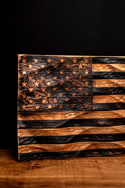 Flags of Valor bourbon barrel wooden American flag with star and stripe pattern