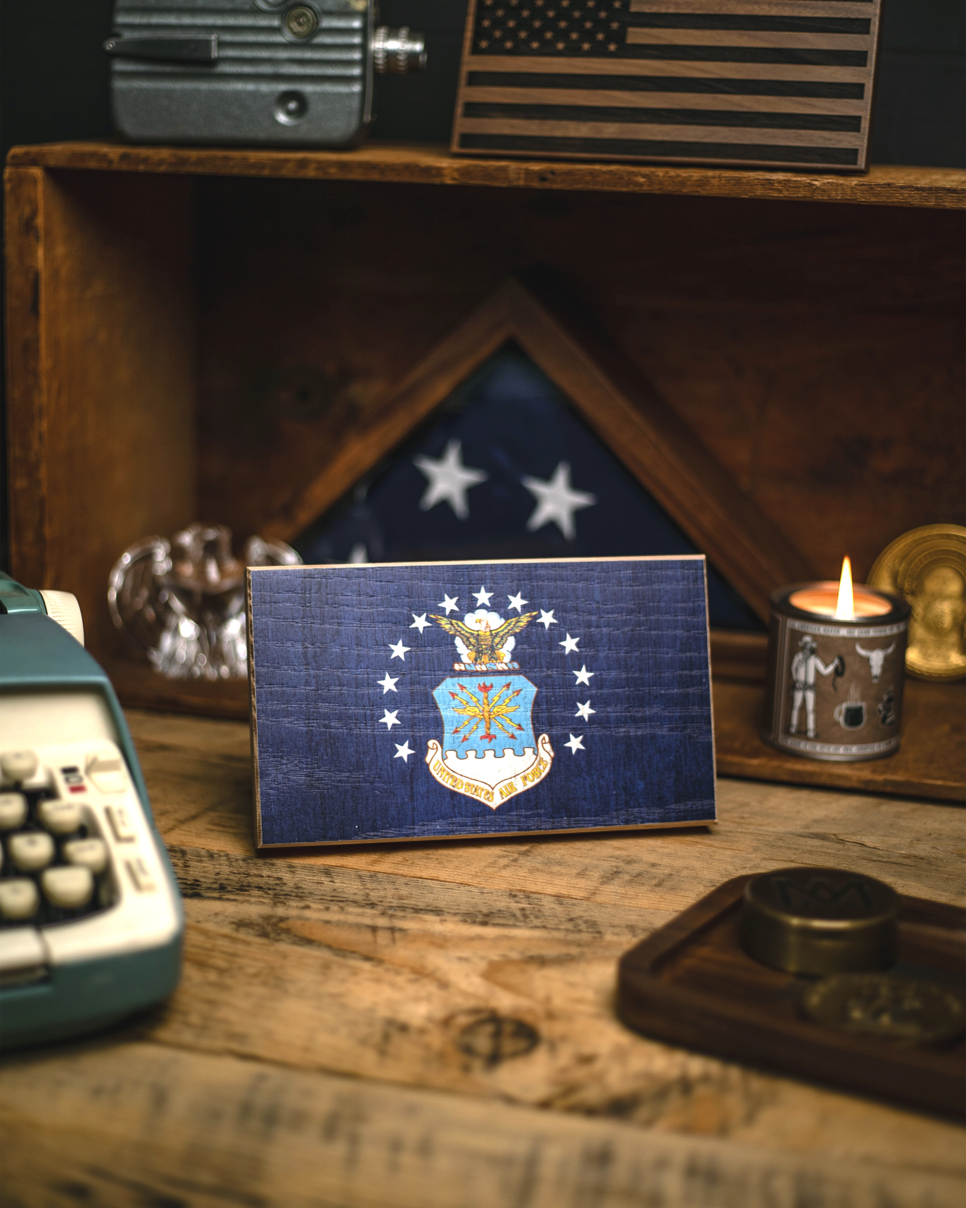 Service Branch Desk Flag featuring United States Air Force insignia with a flag in the background.