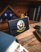 Service Branch Desk Flag featuring United States Navy insignia with a flag in the background.
