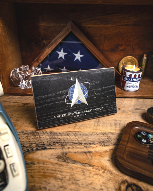 Service Branch Desk Flag featuring United States Space Force insignia with a flag in the background.