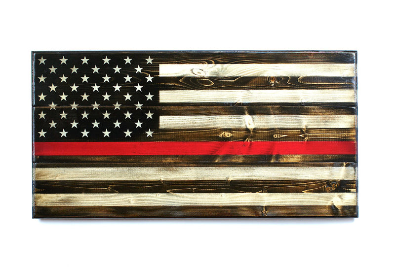 Thin Red Line Wooden American Flag